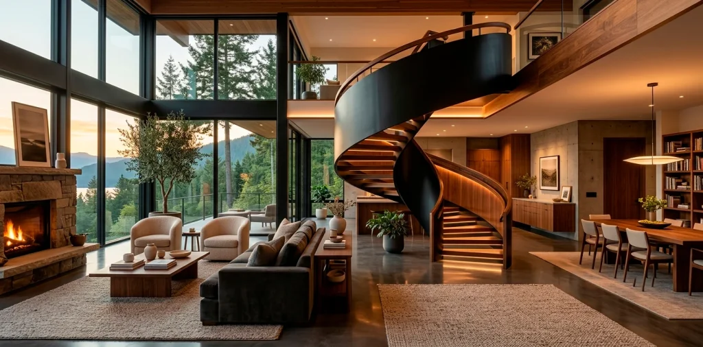 Modern living room featuring a sleek black and wood spiral staircase
