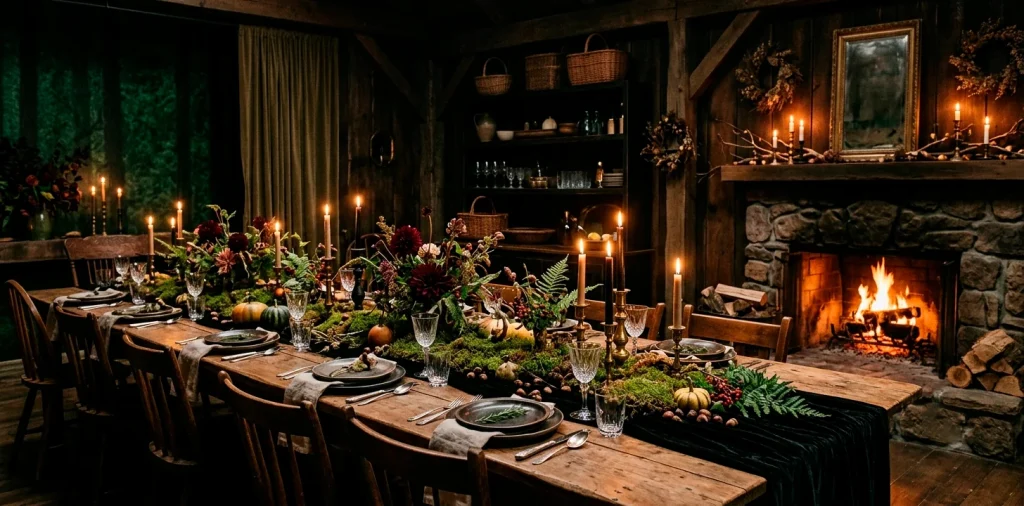Dark cottagecore Thanksgiving tablescape featuring a velvet runner, moss, brass candlesticks, and moody forest decor.