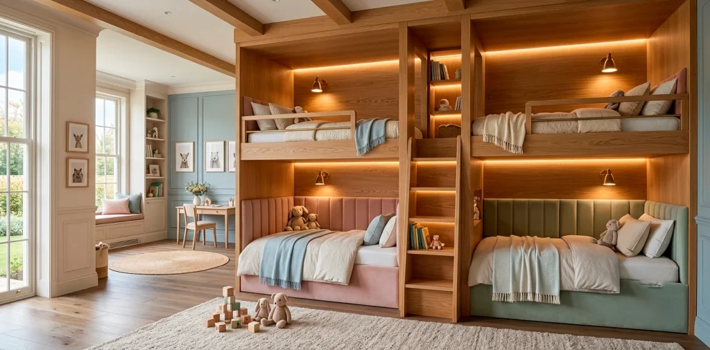Luxury kids bedroom featuring custom oak built-in bunk beds with integrated LED lighting and cozy velvet reading nooks.