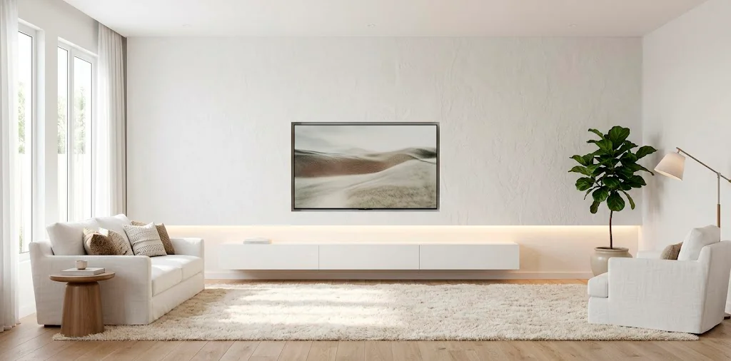 Modern white living room featuring an elegant white monochromatic television setup with floating console