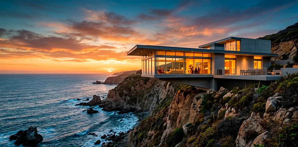 Wide view of a modern cantilevered home floating over a coastal cliff at sunset with glowing interior lights.