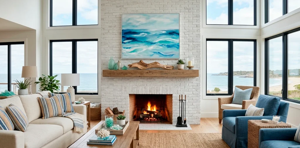 Bright coastal living room with a whitewashed fireplace mantel decorated with driftwood and sea glass.