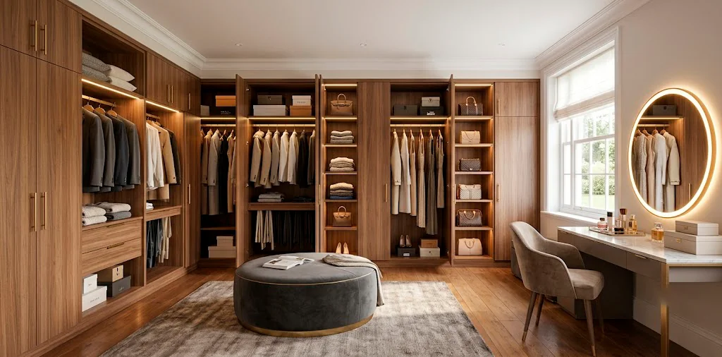 Luxurious multi-functional dressing room featuring built-in wardrobes, a modern vanity, and LED lighting.