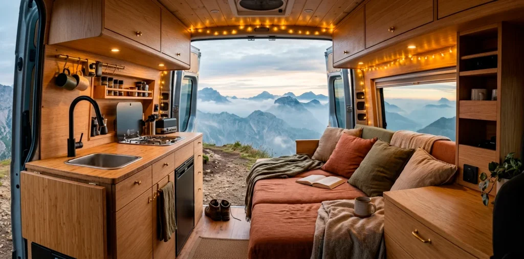 Modern modular camper van interior looking out at misty mountains with a convertible bed and wooden cabinetry.