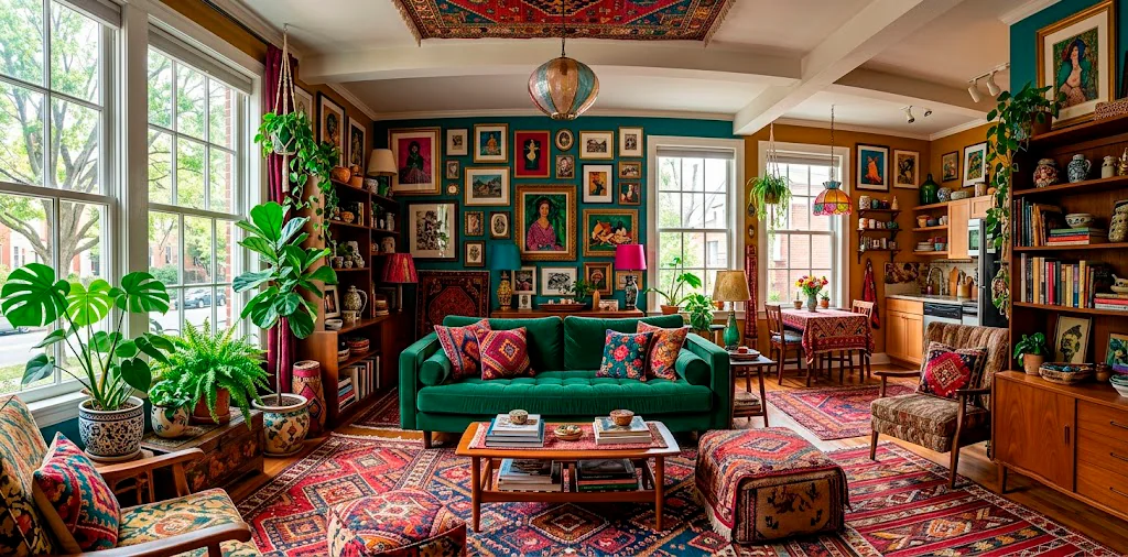 Vibrant maximalist studio apartment featuring jewel-toned decor, velvet sofa, and colorful gallery wall.