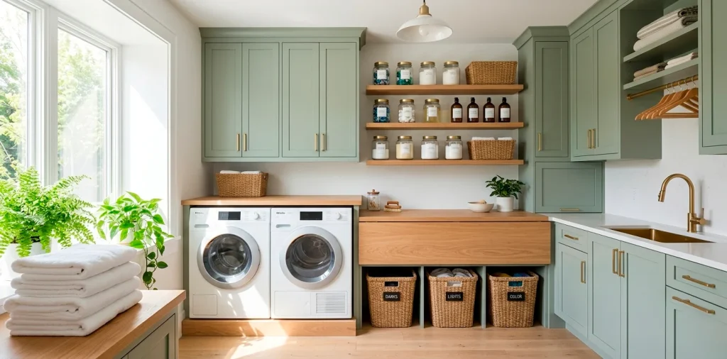 Beautifully organized modern laundry room with sage green cabinets, glass jars on oak shelves, and woven baskets.