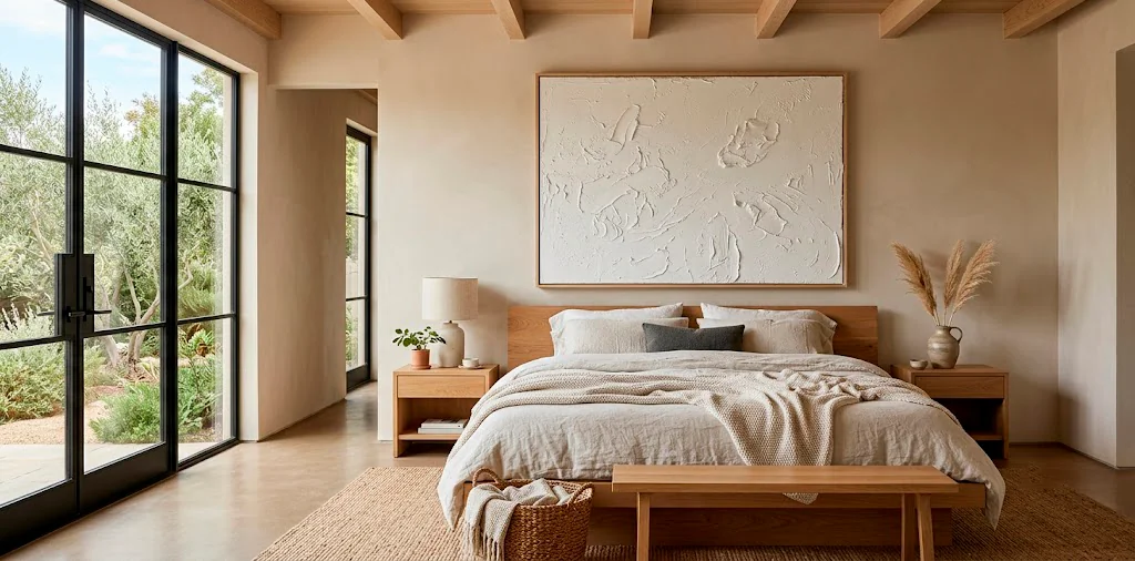 Cozy minimalist bedroom featuring a large textured white canvas above an oak platform bed.