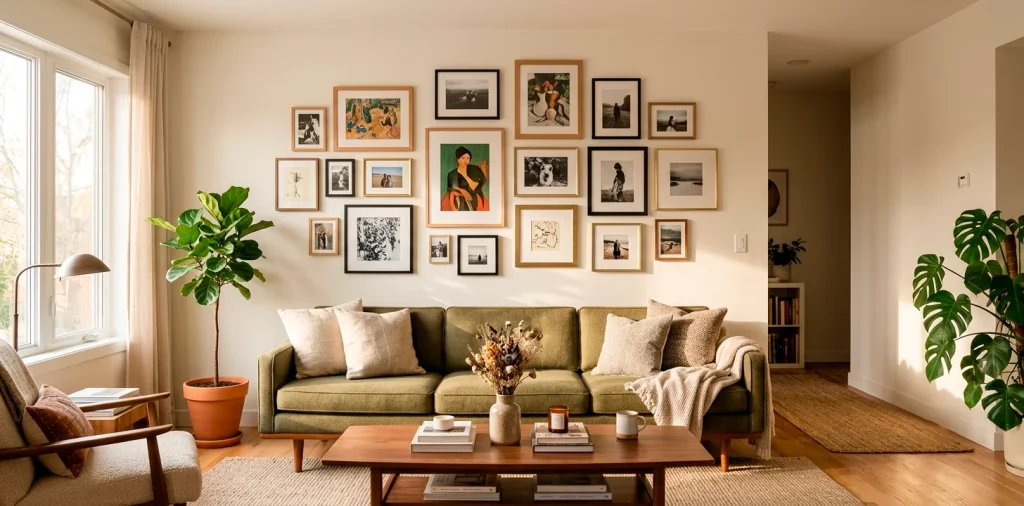 Modern living room with a perfectly styled gallery wall over a mid-century sofa featuring oak and black picture frames.