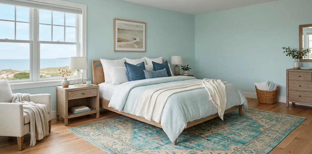 A relaxing guest suite decorated in soft coastal blue hues with layered bedding and driftwood accents.