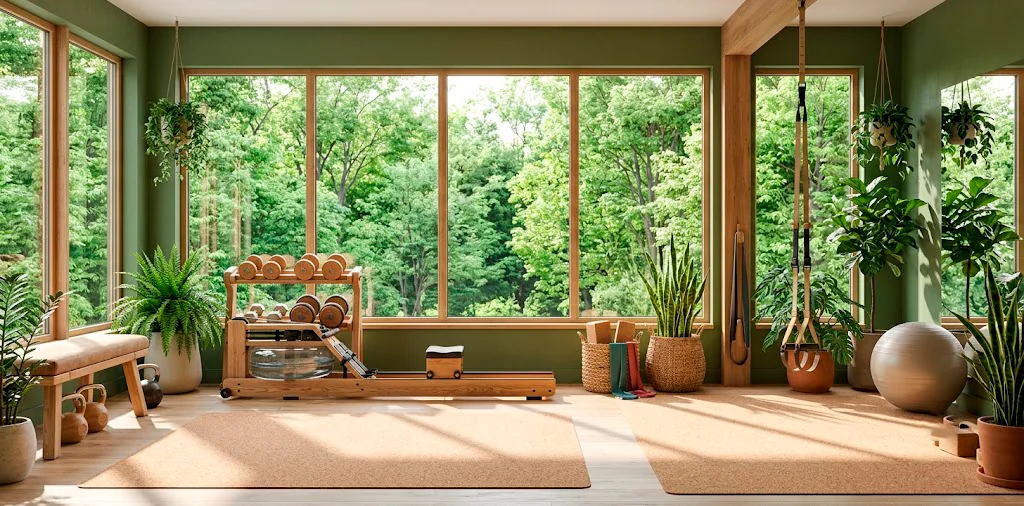 Beautiful home gym featuring natural wood equipment, lush plants, and large sunlit windows