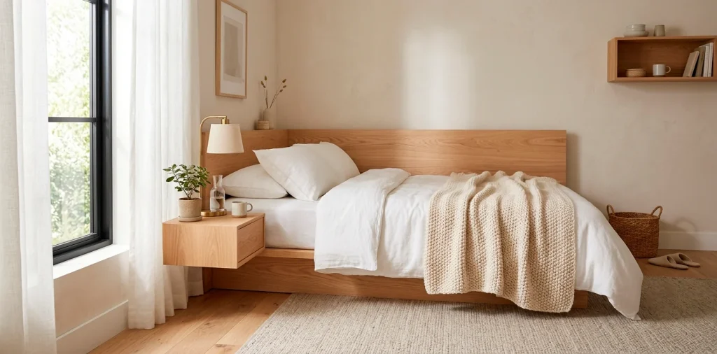 Beautifully sunlit Scandinavian style guest room interior with natural wood bed and white linens.