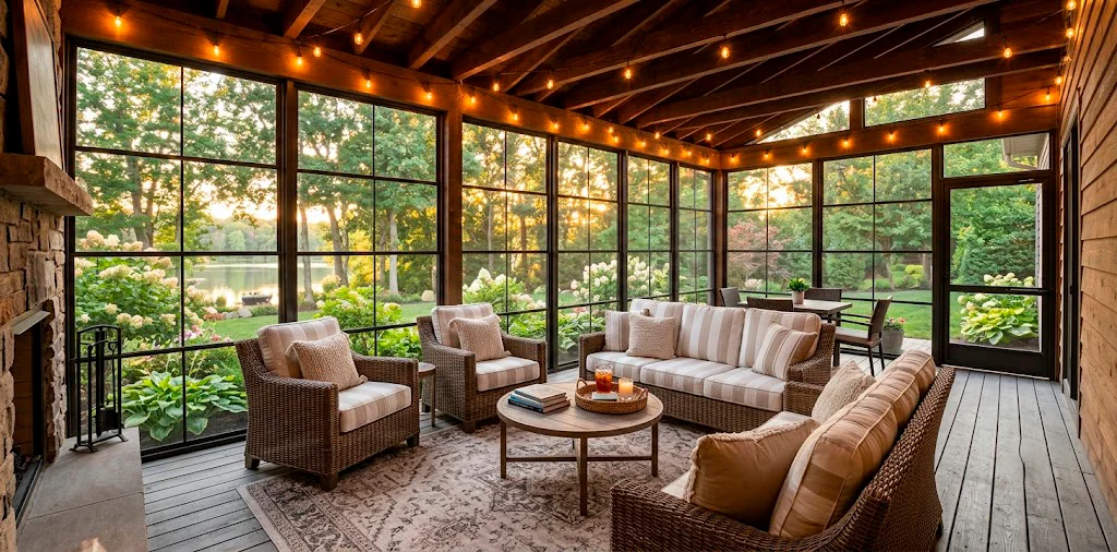 Beautifully styled screened-in porch with rattan furniture, string lights, and lush backyard views at golden hour.