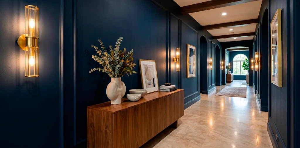 Wide view of a luxe modern hallway featuring deep navy blue walls, a sleek console table, and stunning gold hardware accents.