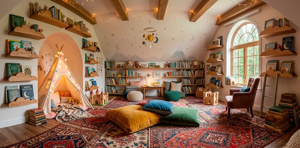Magical whimsical children's reading room featuring a cozy canvas teepee, floating cloud shelves, and warm glowing fairy lights.