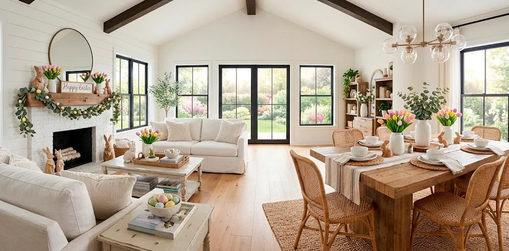 Bright modern farmhouse dining room decorated with neutral Easter decor, pastel tulips, and rustic wooden bunny accents.