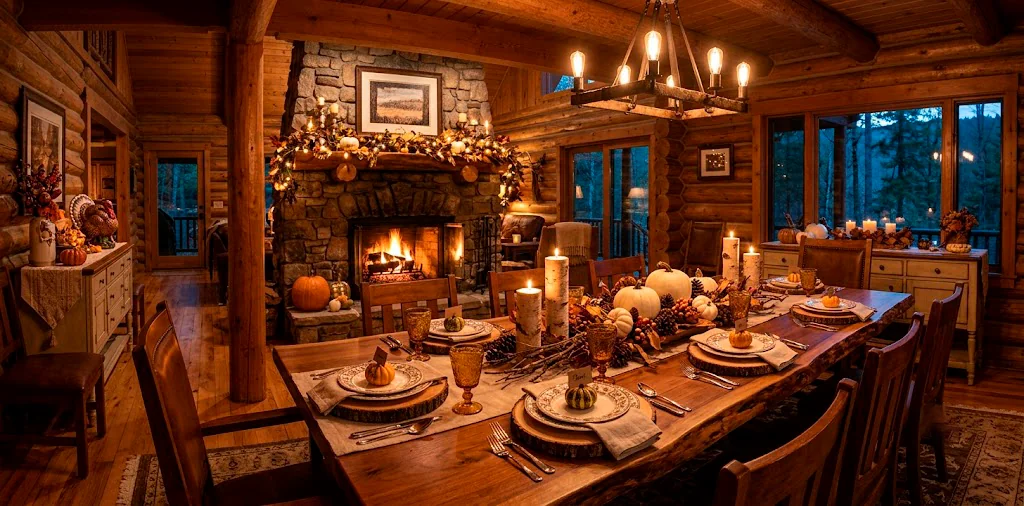 Cozy cabin dining room decorated for Thanksgiving with a rustic wood table, log chargers, and a warm stone fireplace.