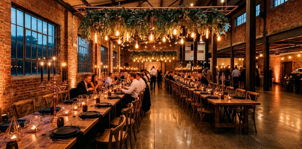 Wide view of a striking copper and industrial wedding venue with brick walls, metal archway, and warm lighting.