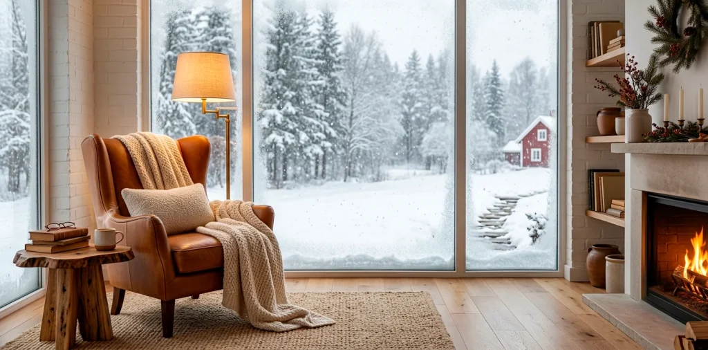 Cozy winter reading nook featuring chunky knit blankets, velvet cushions, and warm lighting in a seamless living room.