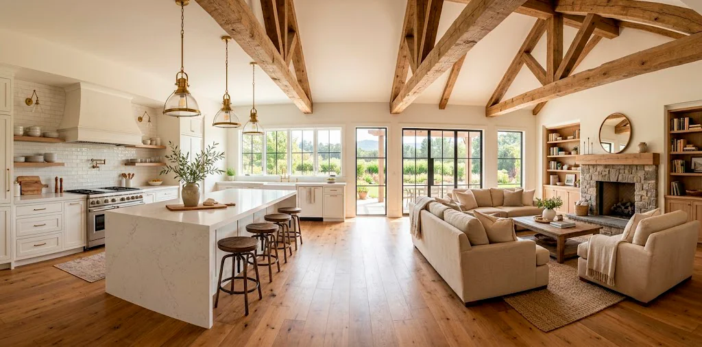 Open concept farmhouse kitchen with large island, rustic oak beams, and seamless flow into family living room.