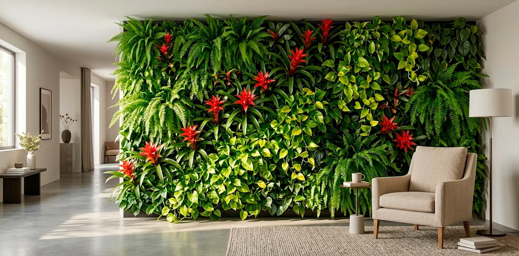 A wide view of a stunning indoor living wall filled with ferns and trailing plants in a modern living room