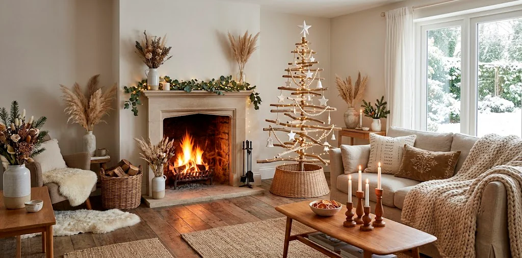 Cozy bohemian living room featuring natural wood holiday decor and a driftwood Christmas tree.