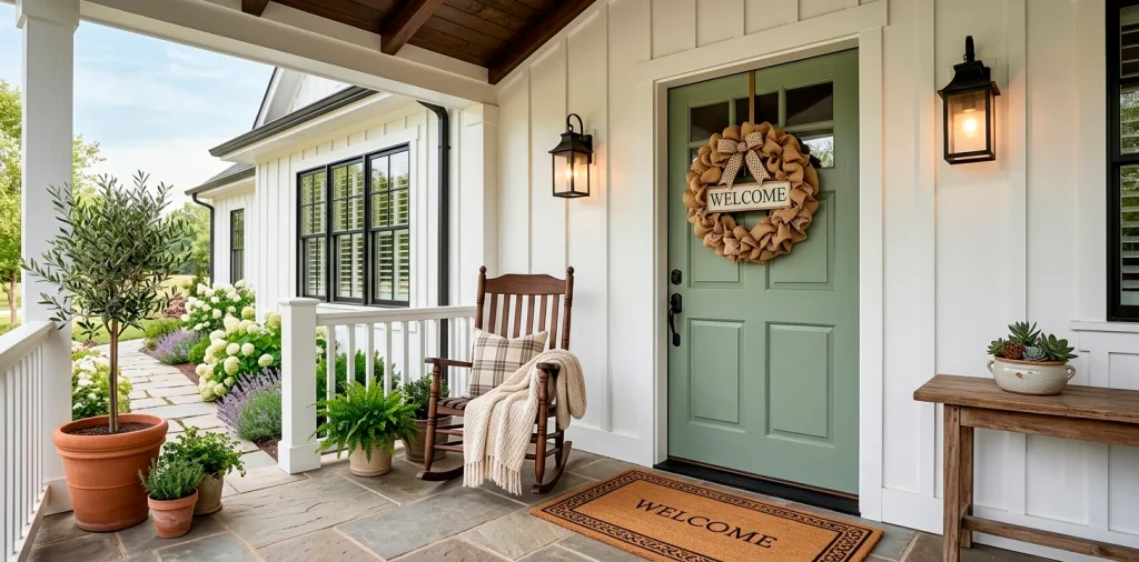 A welcoming front porch featuring a rustic burlap wreath on a sage green door with lanterns and a rocking chair