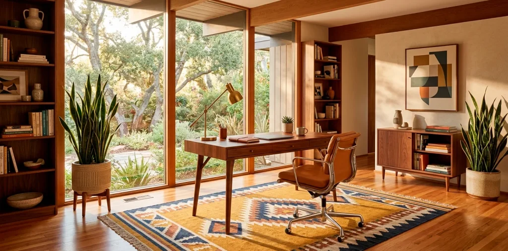 Streamlined mid-century modern home office with a walnut desk, brass lighting, and leather chair