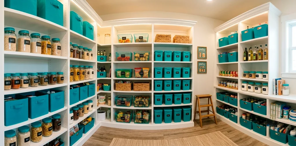 Wide panoramic view of a beautifully organized pantry with vibrant teal bins and glass jars on crisp white shelves.