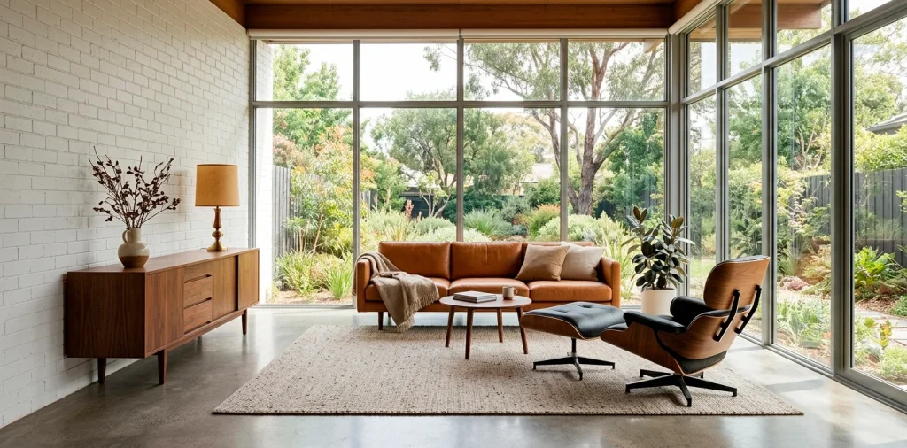 Wide shot of a classic mid-century modern living room with walnut furniture and large windows.