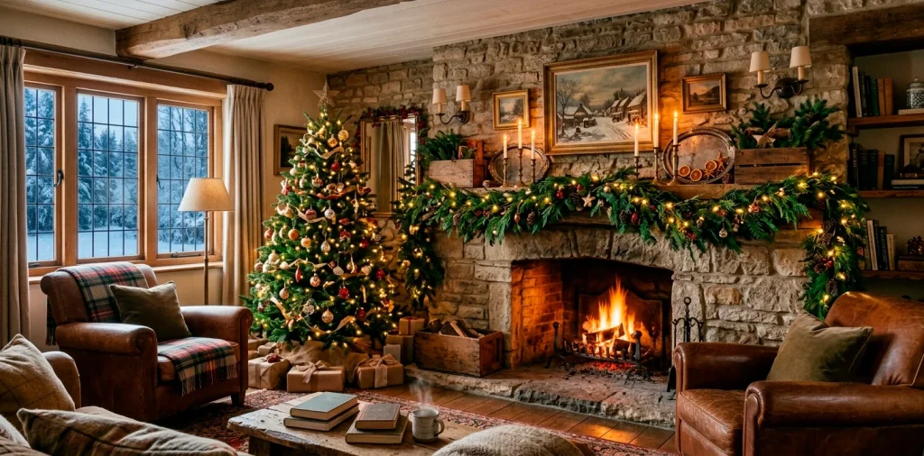 A cozy vintage Christmas living room with layered fresh pine garland and antique brass accents over a stone fireplace.