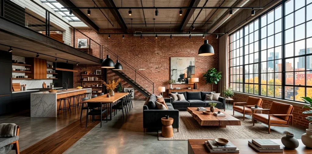 Modern industrial loft interior with exposed brick and matte black fixtures
