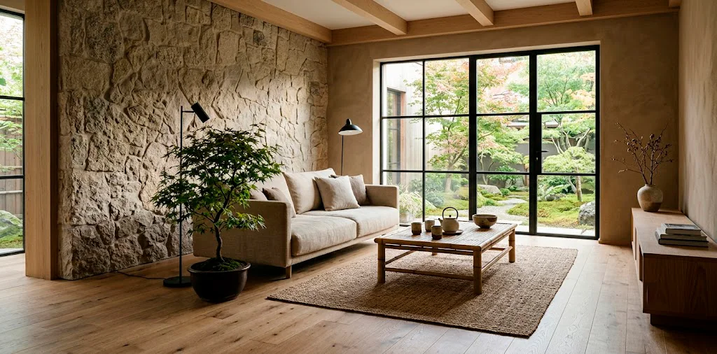 Minimalist Japandi living room interior featuring bamboo furniture, stone accents, and soft natural lighting