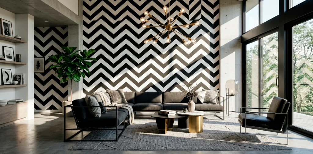Modern living room featuring a striking geometric wall mural, sharp metal frame sofa, and dramatic angular brass chandelier.