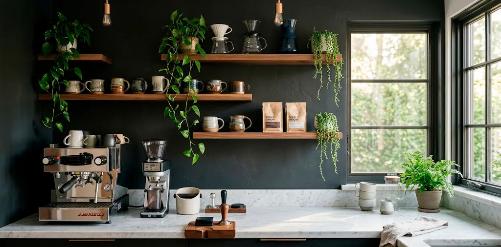 Modern professional home coffee bar setup with high-end espresso machine on marble countertop, perfect brewing station.