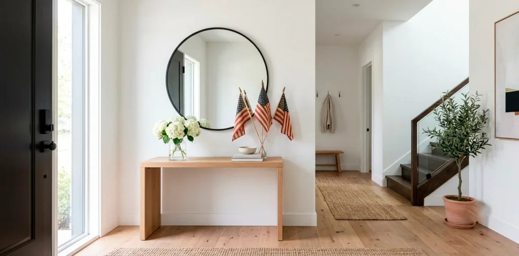 Modern minimalist entryway featuring a wooden console table, matte black mirror, and subtle vintage American flags for Memorial Day.