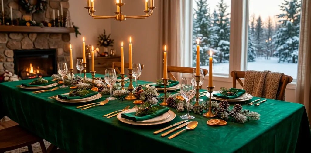 Elegant winter dining table set with brushed gold cutlery, green velvet linens, and warm taper candles