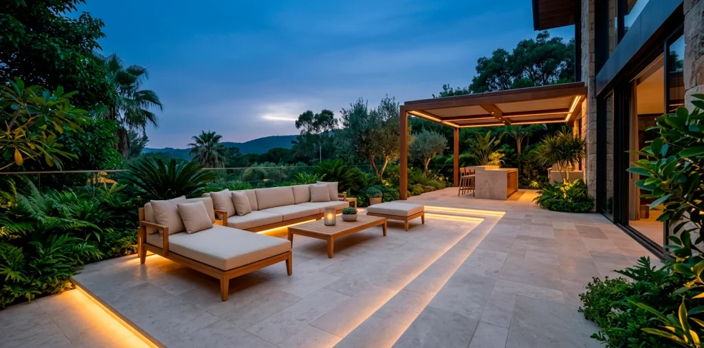 Luxurious outdoor back porch featuring sleek teak furniture and neutral stone pavers at twilight.