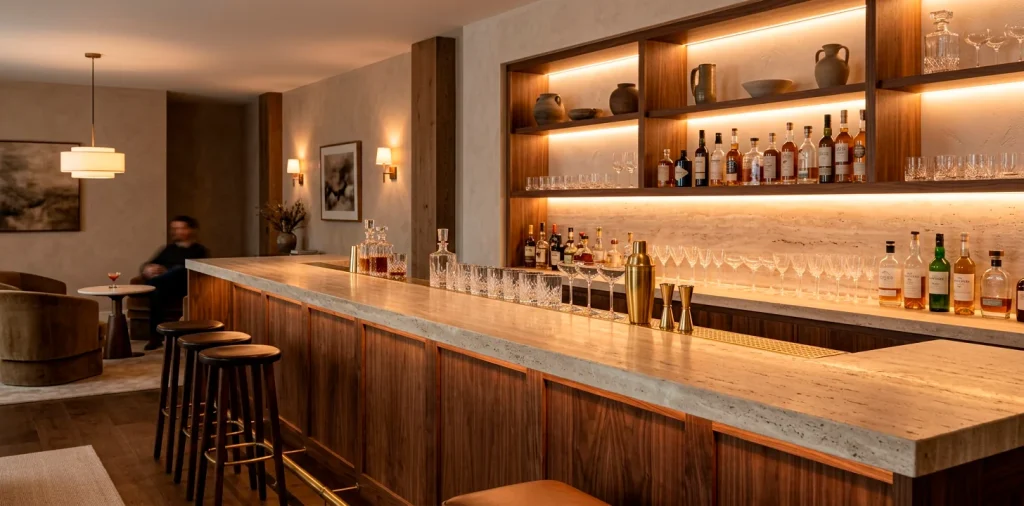 Cozy home bar featuring a warm beige travertine stone countertop and walnut wood base
