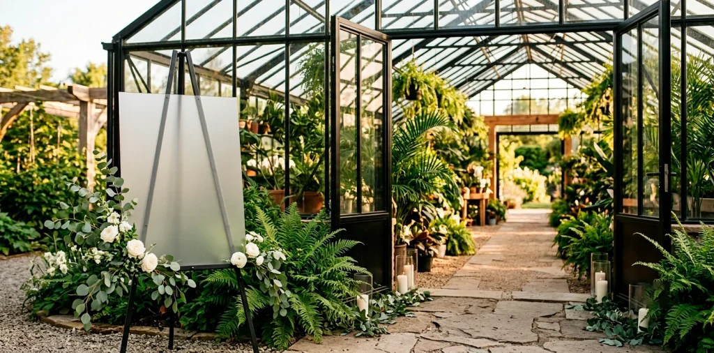 Sleek minimalist frosted acrylic wedding welcome sign on a black easel in a greenhouse
