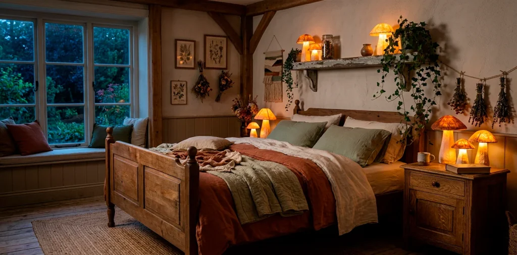 Cozy bedroom with glowing DIY paper mache mushroom lamps showcasing whimsical cottagecore room decor.