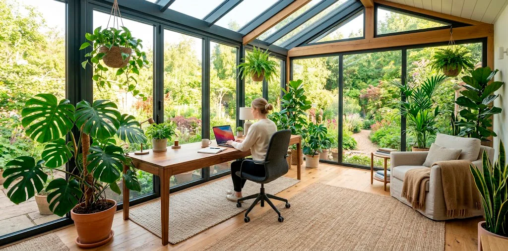Wide view of a bright sunroom home office with floor-to-ceiling windows, wooden desk, ergonomic chair, and indoor plants.