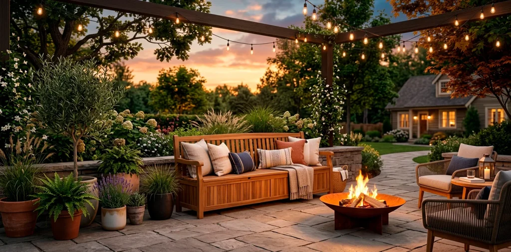 A beautifully styled backyard patio at sunset featuring a wooden weatherproof storage bench surrounded by potted plants.