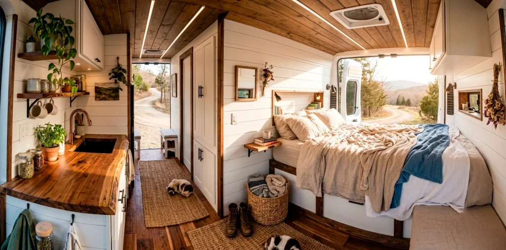 Wide view of a camper van interior decorated in modern farmhouse style with white shiplap and warm wood accents.