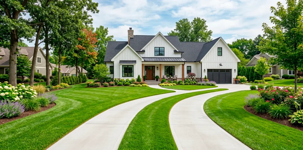 A modern farmhouse front yard featuring a ribbon driveway with concrete tracks and a grass center strip.