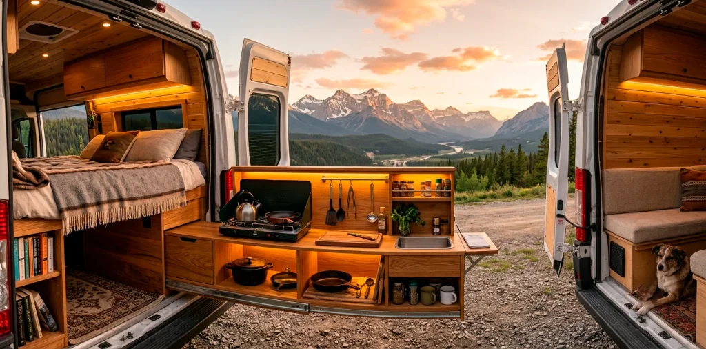 Oak wood slide-out kitchen extended from a camper van with beautiful mountain views.