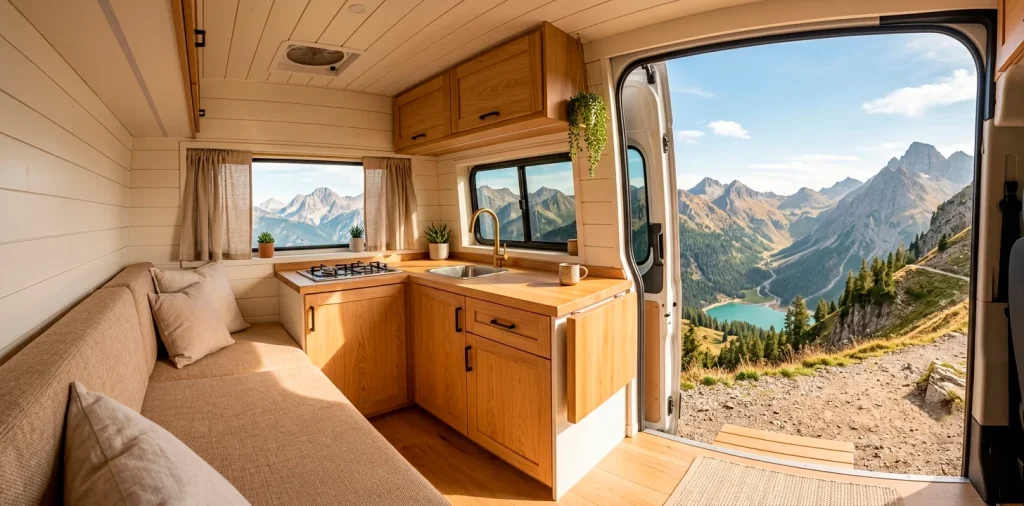 Beautiful neutral camper van interior featuring cream walls, beige seating, and light oak countertops with a mountain view