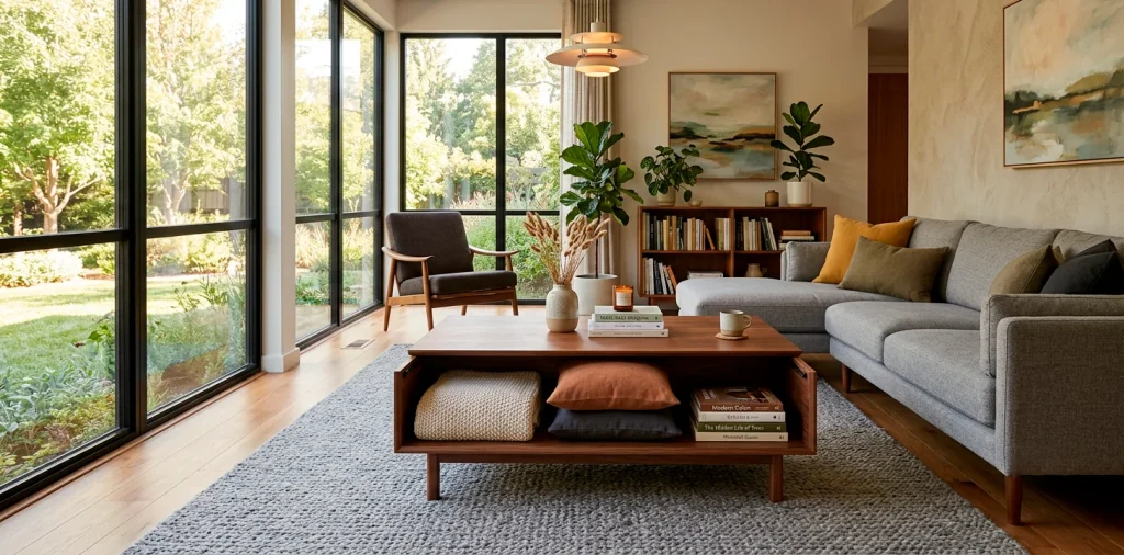 A stylish walnut storage coffee table in a modern, sunlit living room showing hidden compartments.