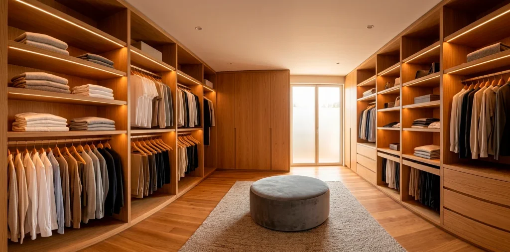 Luxurious walk-in closet with oak cabinetry and perfectly organized clothes reflecting a stress-free morning routine.