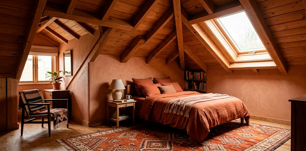 Cozy attic guest bedroom painted in warm terracotta with rust bedding and a slanted ceiling.