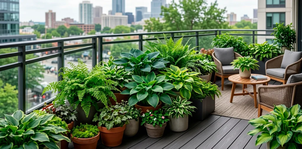 Lush north-facing balcony filled with thriving shade-loving ferns and colorful hostas in modern planters